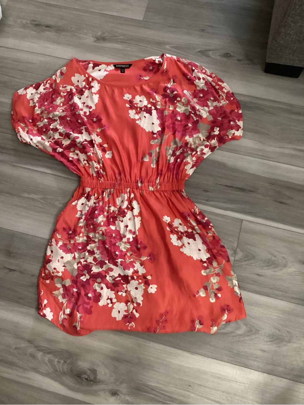 Express Coral Floral Mini Dress with Cinched Waist and Pockets